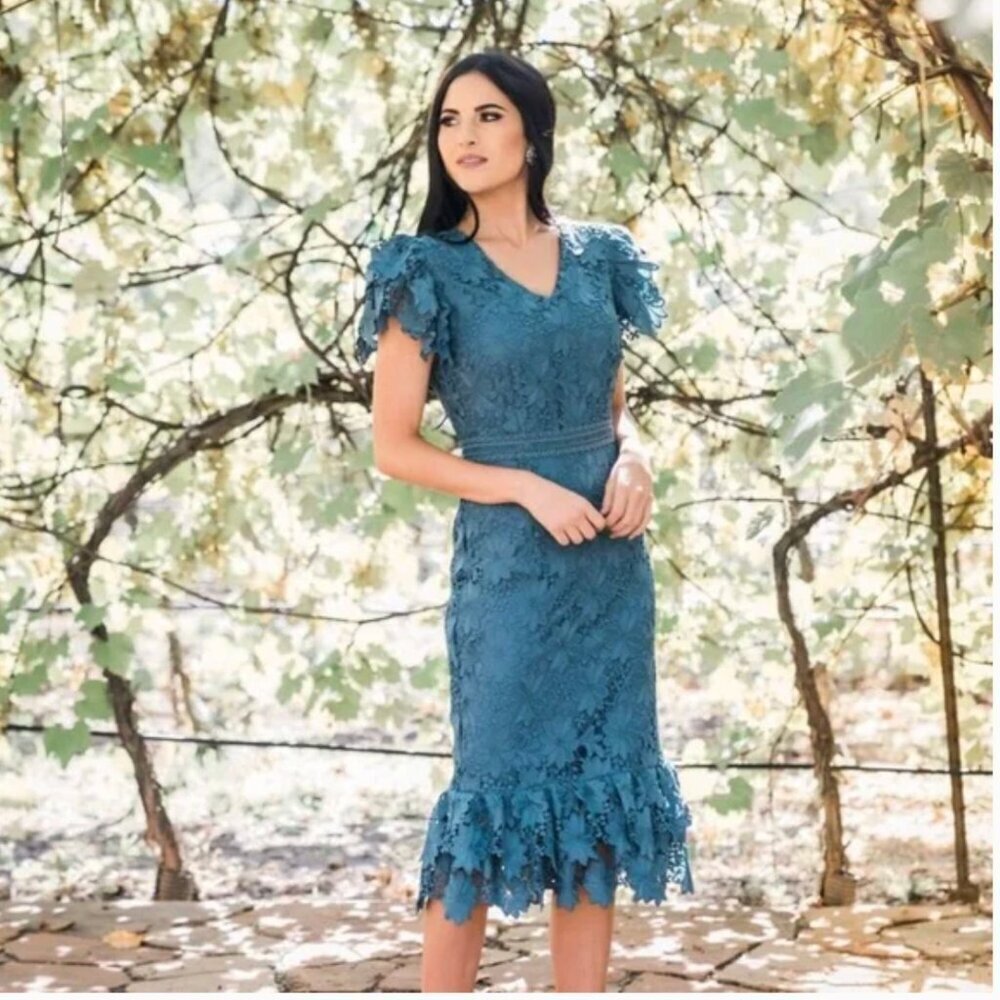 Rachel Parcell Guipure Dress Lace Midi Flutter Short Sleeve Blue New NWT XXS